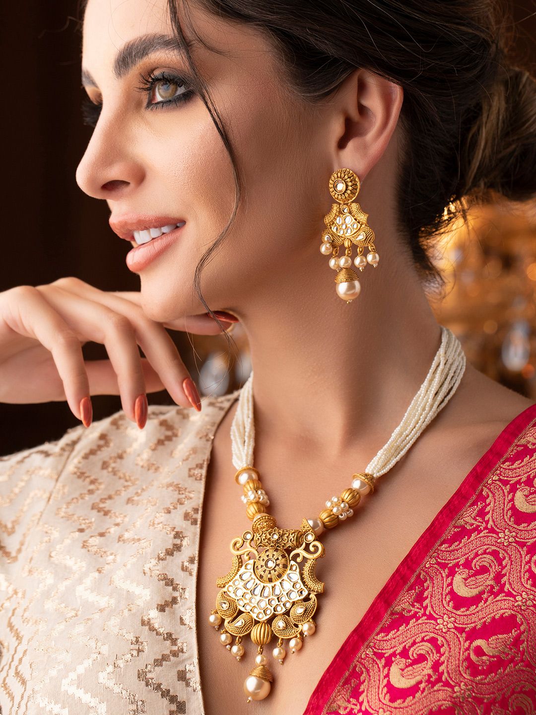 Dhiyona RJ Women's 22K Gold Plated White Kundan & Pearl Studded & Beaded Multi-Strand Necklace Set
