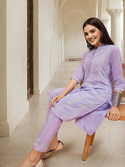 Dhiyona IS Women's Floral Embroidered Thread Work Pure Cotton Straight Kurta with Trousers
