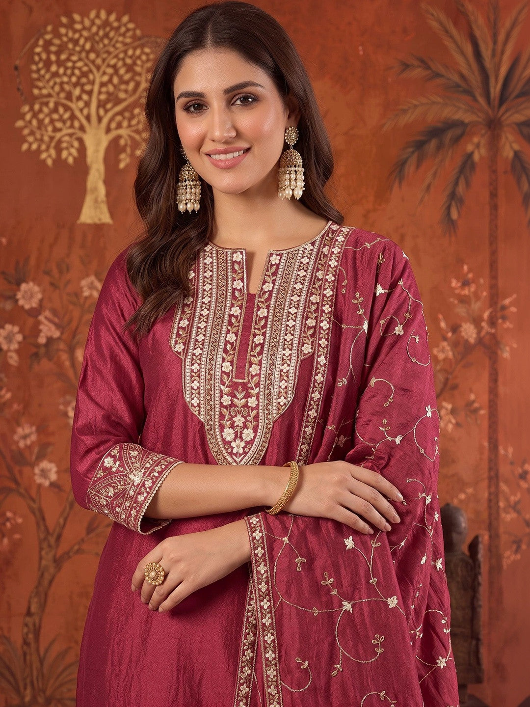 Embroidered Round Neck Kurta & Palazzos With Dupatta