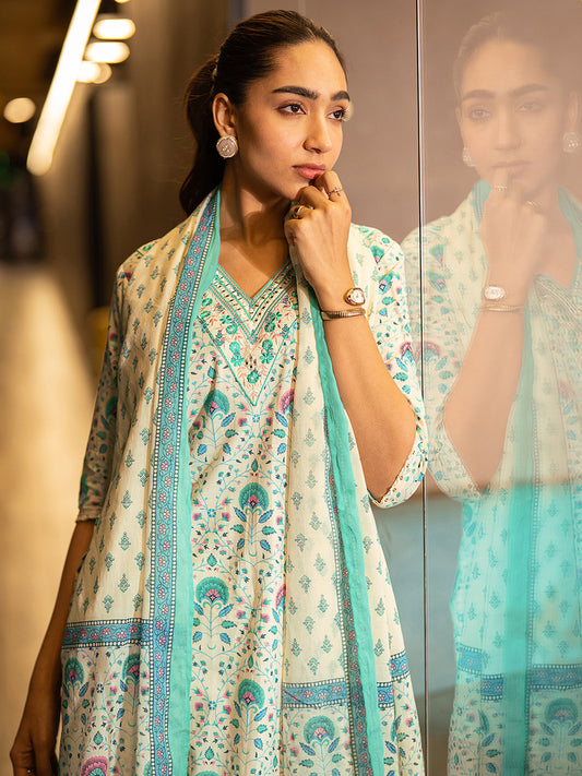Women Floral Printed Regular Thread Work Kurta with Trousers & With Dupatta