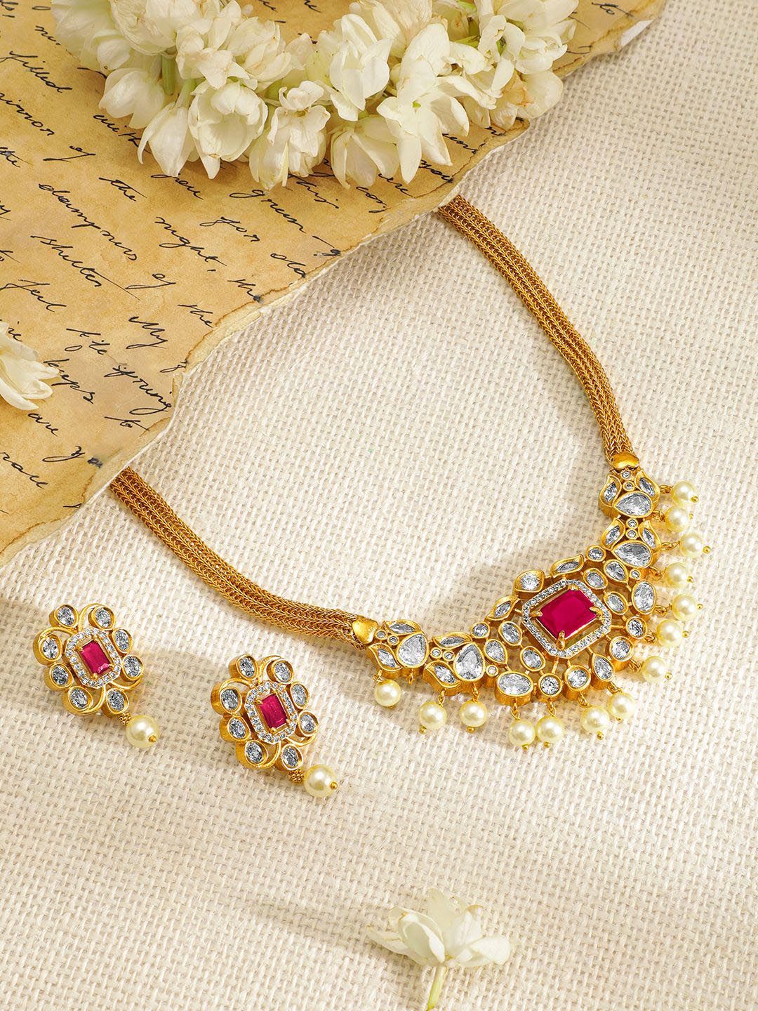 Dhiyona RJ Women's 22K Gold-Plated Ruby & Cubic Zirconia Studded Necklace Set with Pearl Accents