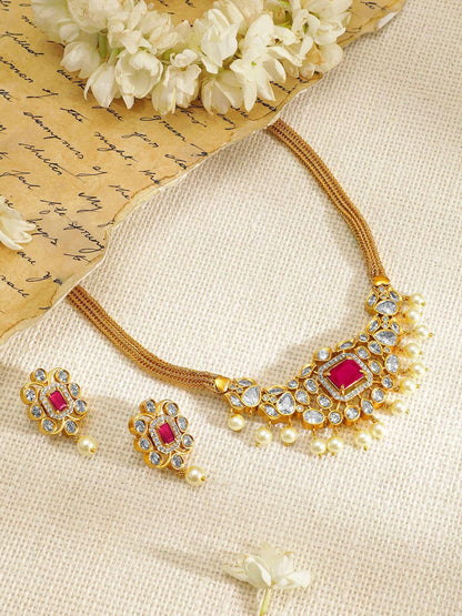 Dhiyona RJ Women's 22K Gold-Plated Ruby & Cubic Zirconia Studded Necklace Set with Pearl Accents