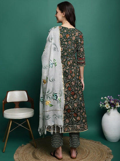 Dhiyona SN Women's Floral Printed Pure Cotton A-Line Kurta With Trousers & Dupatta