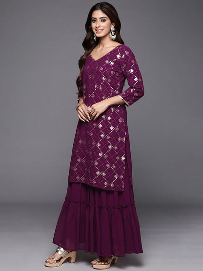 Dhiyona IE Embroidered V-Neck Three-Quarter Sleeves Sequinned Kurta Set