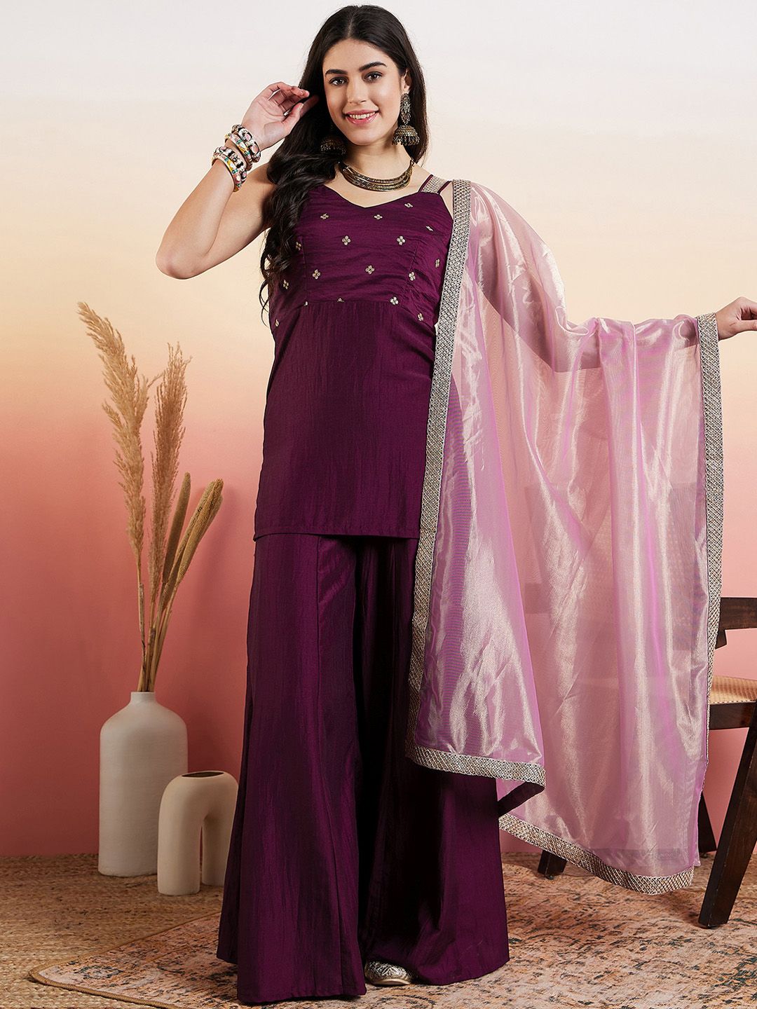 Dhiyona IN Ethnic Motifs Embroidered Regular Thread Work Kurta With Palazzos & Dupatta