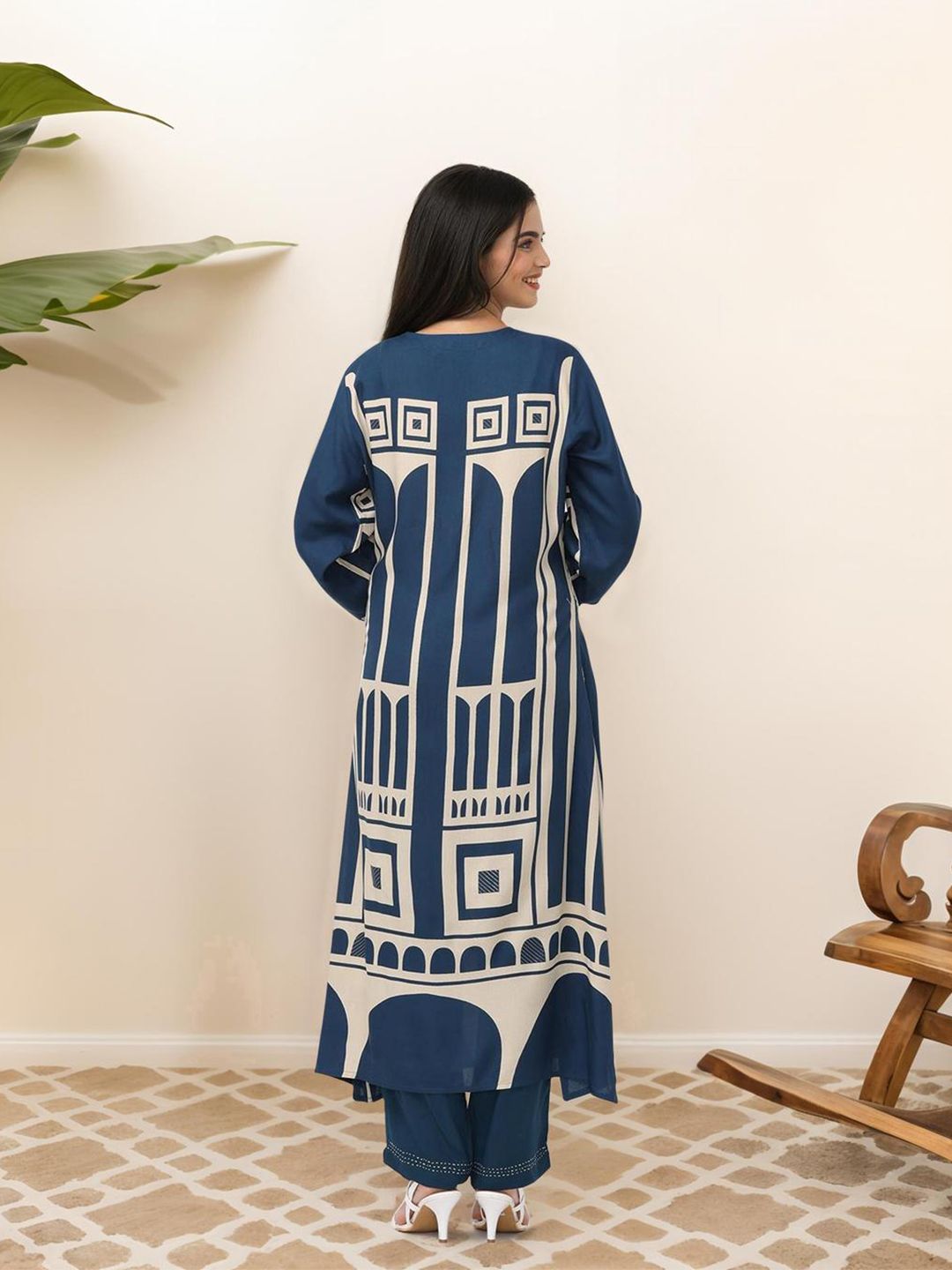 Dhiyona IS Women's Geometric Quirky Printed A- Line Kurta and Pants with Embroidered Hem