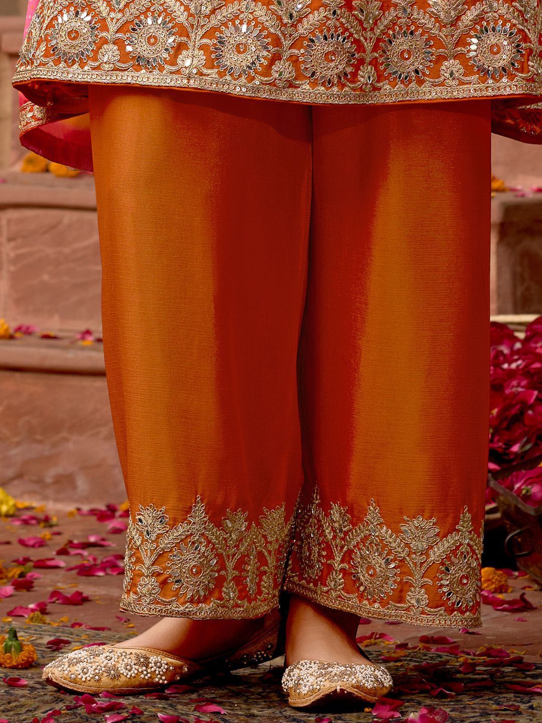 Dhiyona IE Floral Embroidered Panelled Mirror Work A-Line Kurta With Palazzos & Dupatta