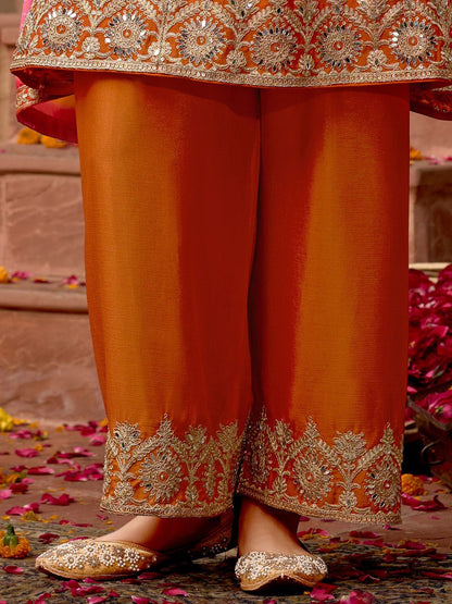 Dhiyona IE Floral Embroidered Panelled Mirror Work A-Line Kurta With Palazzos & Dupatta