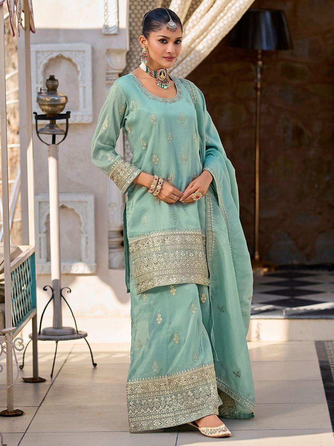 Dhiyona IE Women Ethnic Motifs Embroidered Regular Sequinned Kurta & Trousers & Dupatta