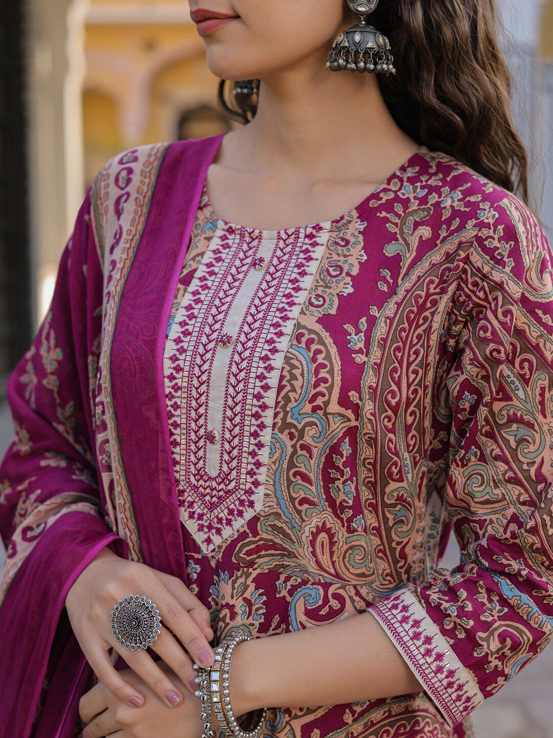 Dhiyona RR Women's Paisley Printed Thread Work Pure Cotton Kurta with Trousers & Dupatta