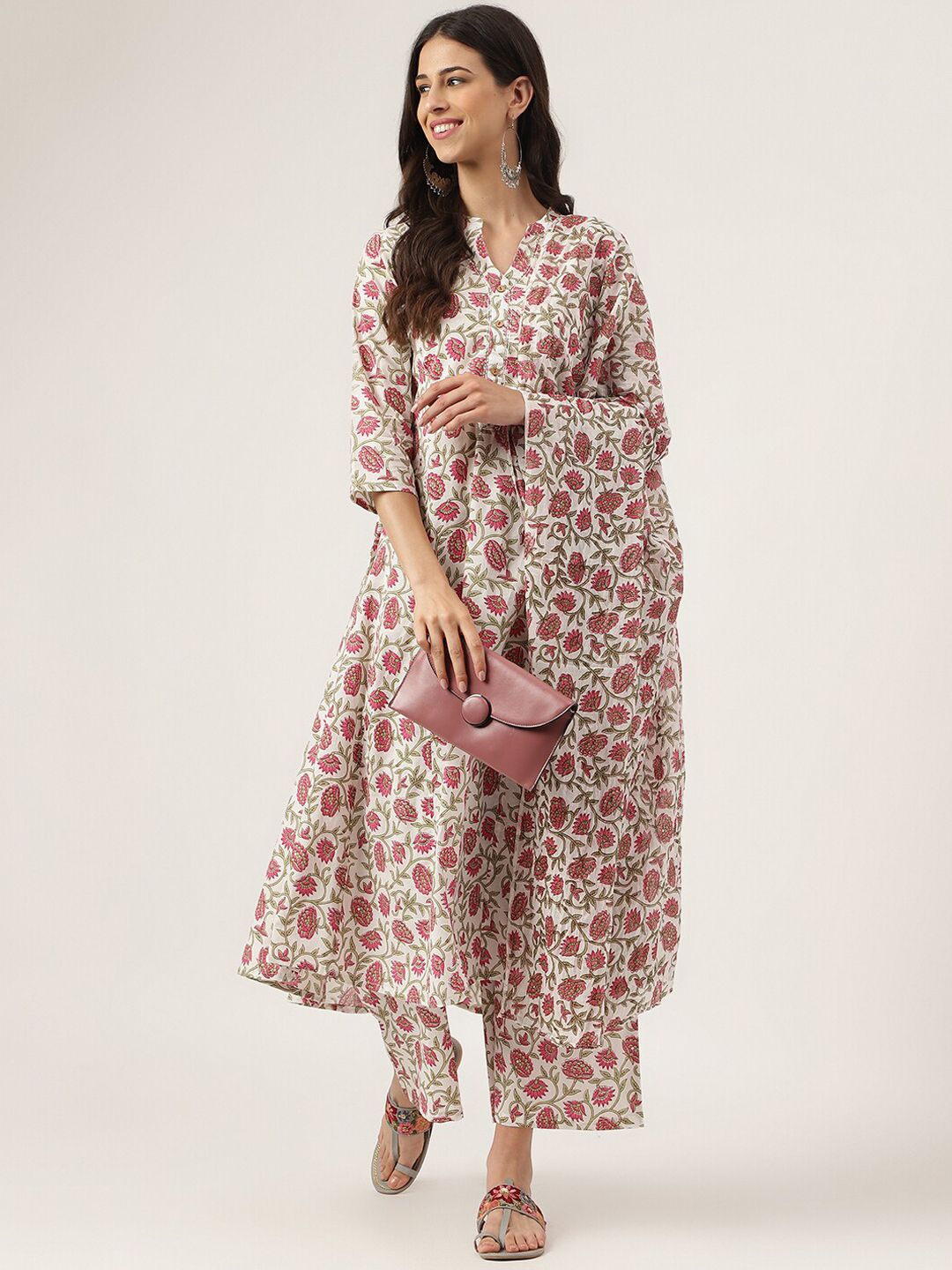 Dhiyona KL Floral Printed Mandarin Collar Pure Cotton Anarkali Kurta With Palazzos & Dupatta