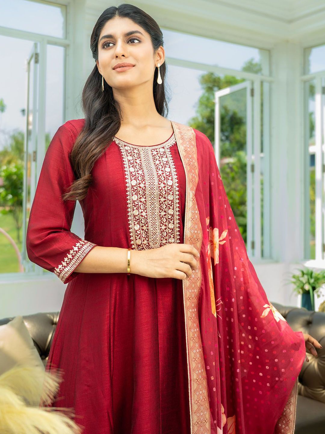 Dhiyona IE Ethnic Motifs Embroidered Sequinned A Line Kurta With Trousers & Dupatta