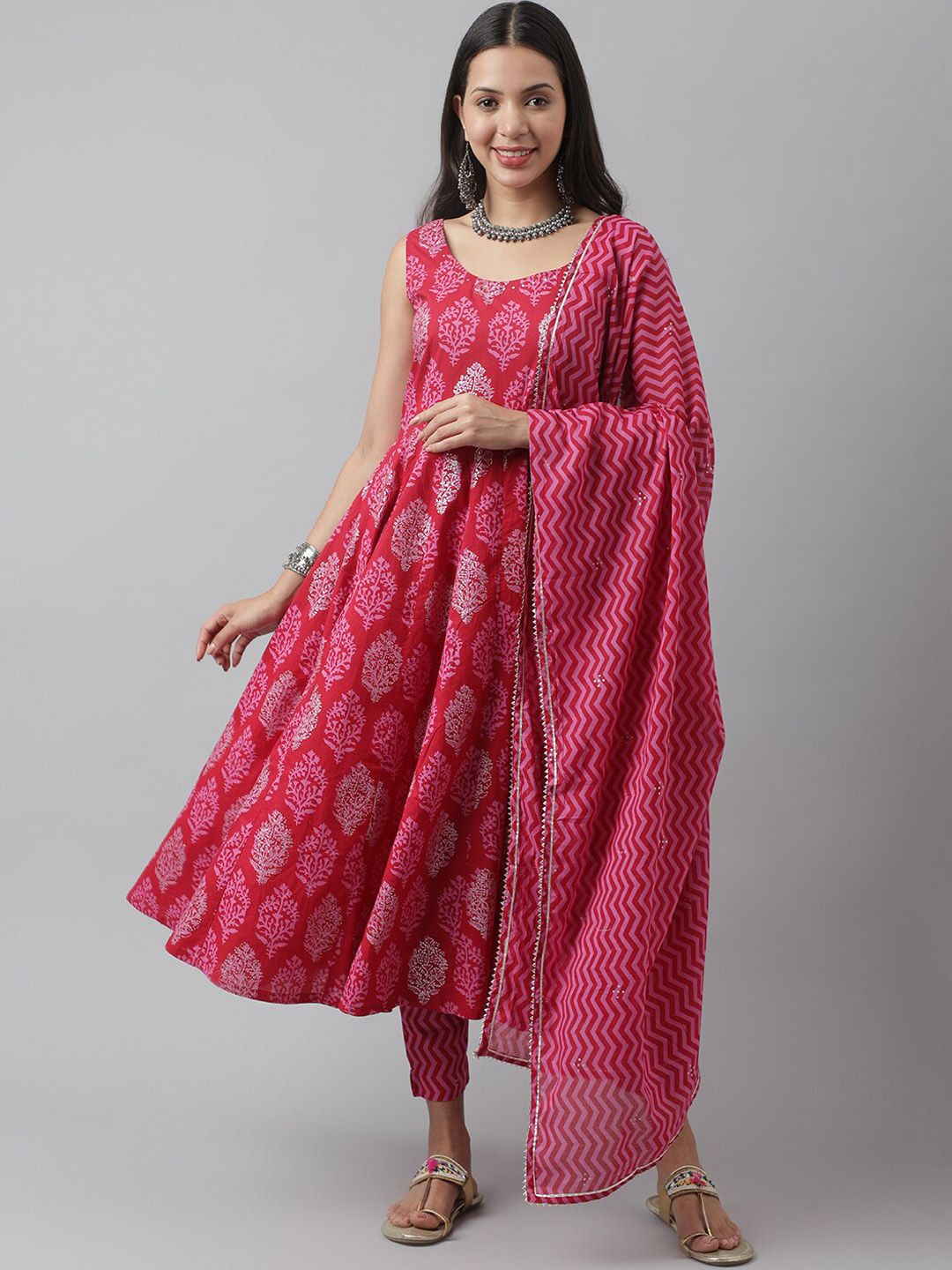 Dhiyona KL Ethnic Motifs Printed Sequinned Cotton Anarkali Kurta & Trousers With Dupatta