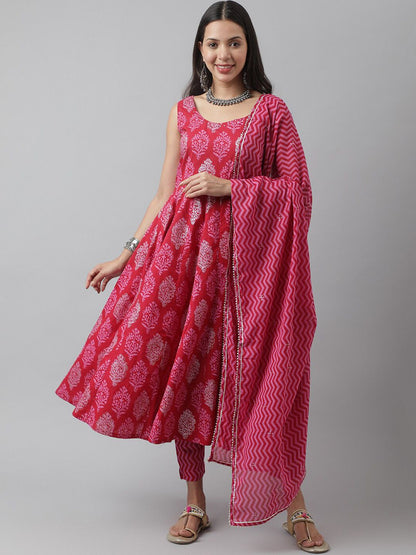 Dhiyona KL Ethnic Motifs Printed Sequinned Cotton Anarkali Kurta & Trousers With Dupatta