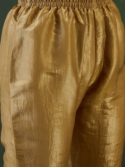 Gold Ethnic Motifs Embroidered Thread Work A-Line Kurta With Trousers And Dupatta
