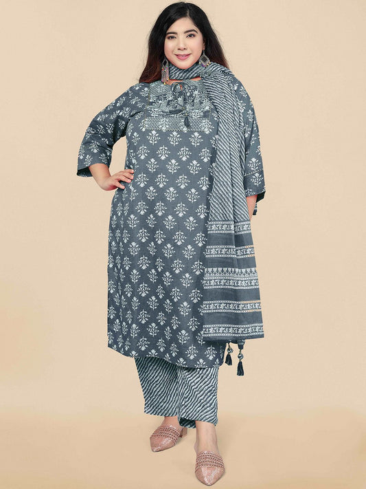 Dhiyona KL PLus Size Floral Printed Regular Thread Work Pure Cotton Kurta Set & Dupatta
