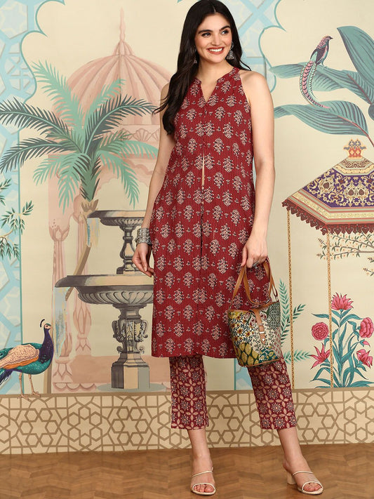 Dhiyona IS Women's Maroon Ethnic Motifs Printed High Slit Chanderi Cotton A-Line Kurta With Trousers