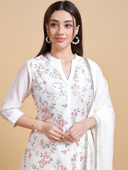 Dhiyona IS Women's Floral Embroidered A-Line Chanderi Silk Kurta with Trousers & Dupatta
