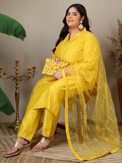 Dhiyona IN Women Floral Embroidered Regular Sequinned Kurta with Trousers & Dupatta