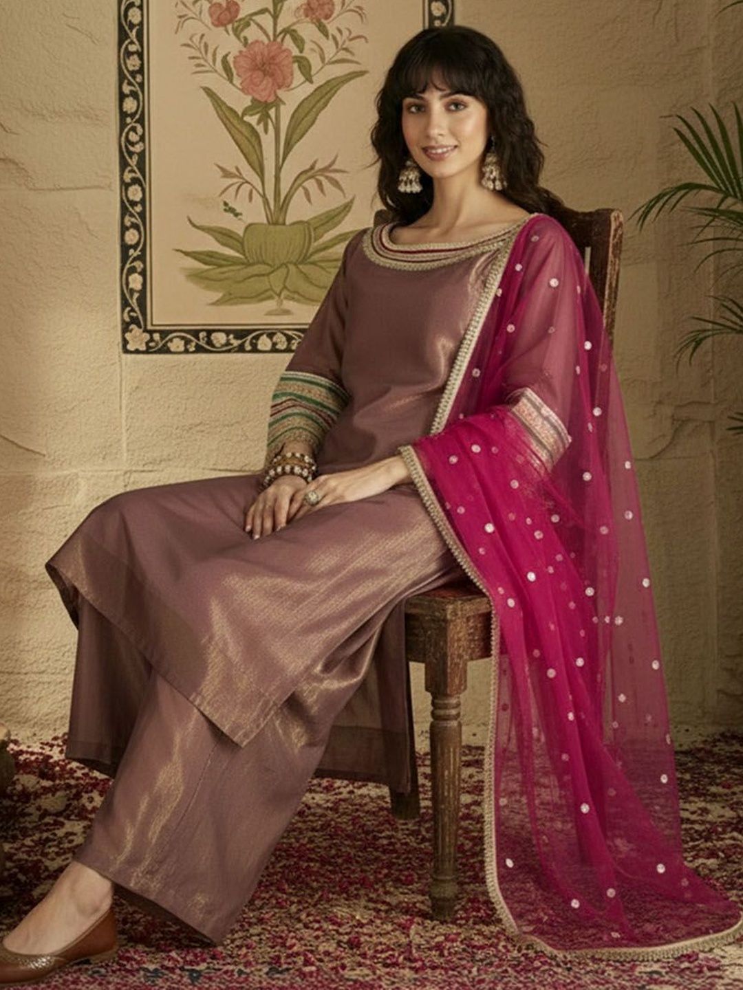 Dhiyona SN Boat Neck Kurta & Palazzos Kurta Set