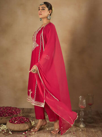 Women's Red Embroidered Straight Kurta Trousers With Dupatta Set