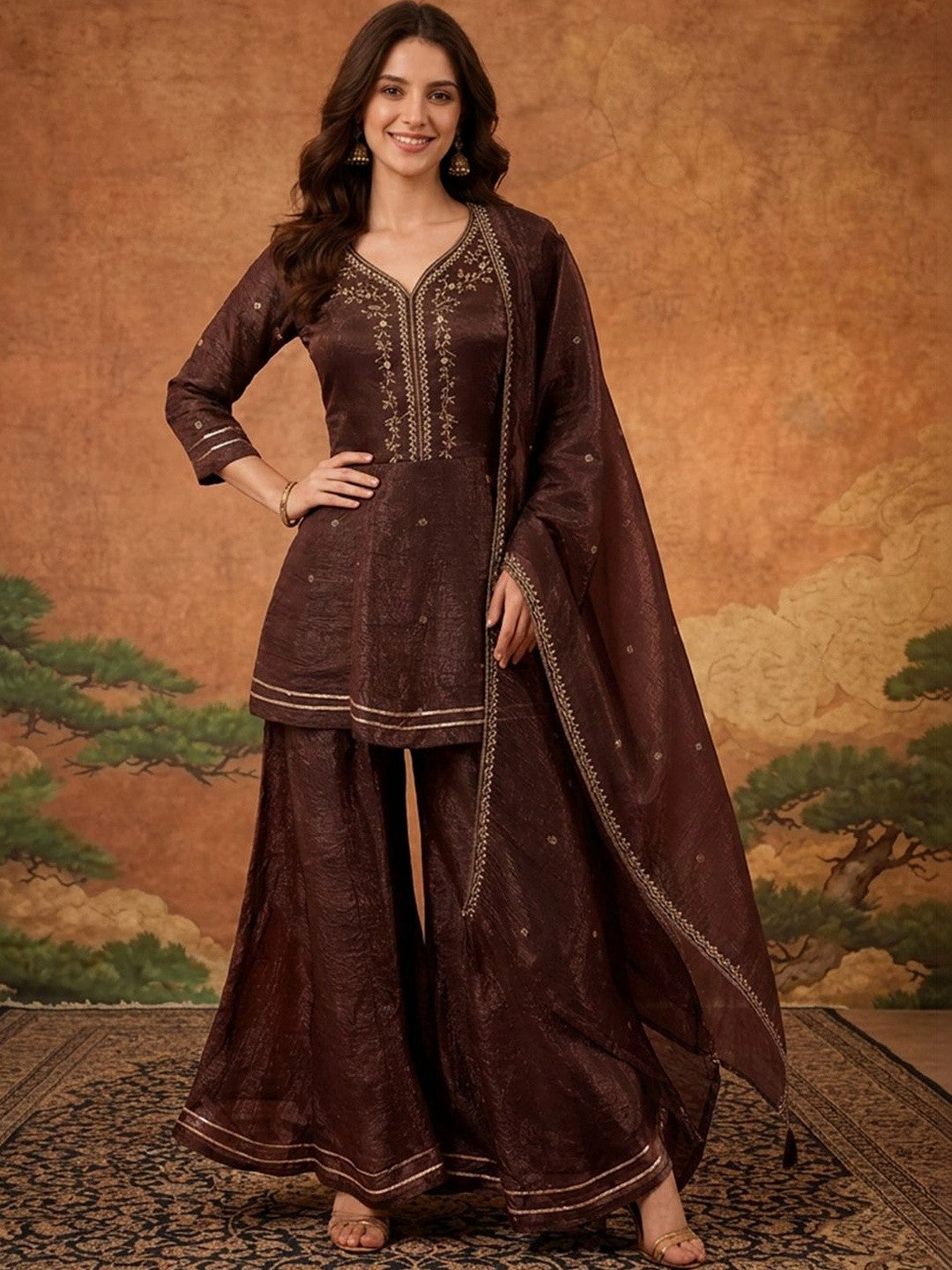 Women Ethnic Motifs Embroidered Empire Thread Work Kurta with Sharara & With Dupatta