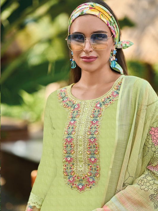 Floral Embroidered Pure Cotton Straight Kurta With Trousers & Dupatta