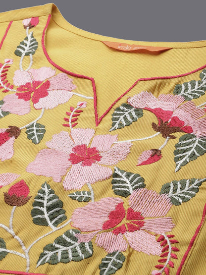 Floral Embroidered Thread Work Kurta With Trousers