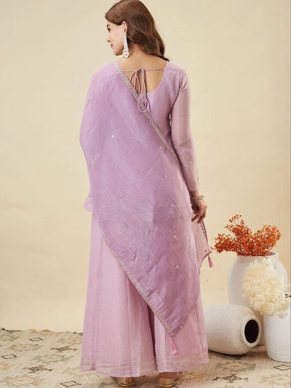Women Ethnic Motifs Embroidered Empire Thread Work Silk Chiffon Kurta with Sharara & With Dupatta