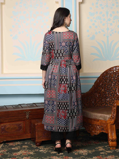 Dhiyona IS Women's V-Neck Floral Printed Empire Pure Cotton A-Line Kurta with Trousers