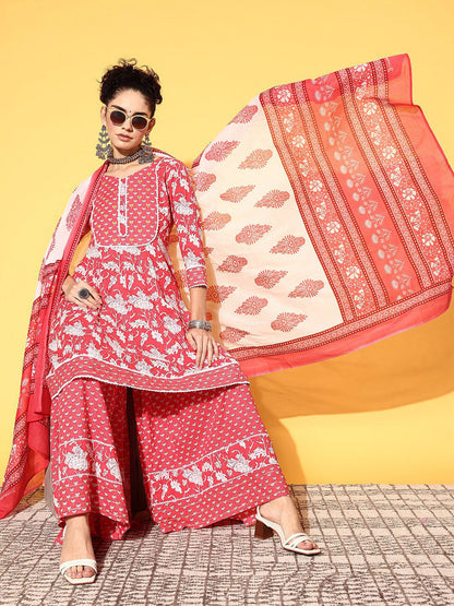 Floral Printed Kurta Sharara With Dupatta Pure Cotton Sets