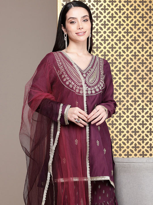 Dhiyona HOP Jashn Yoke Design Sequinned Zari Work Kurti With Sharara & Dupatta
