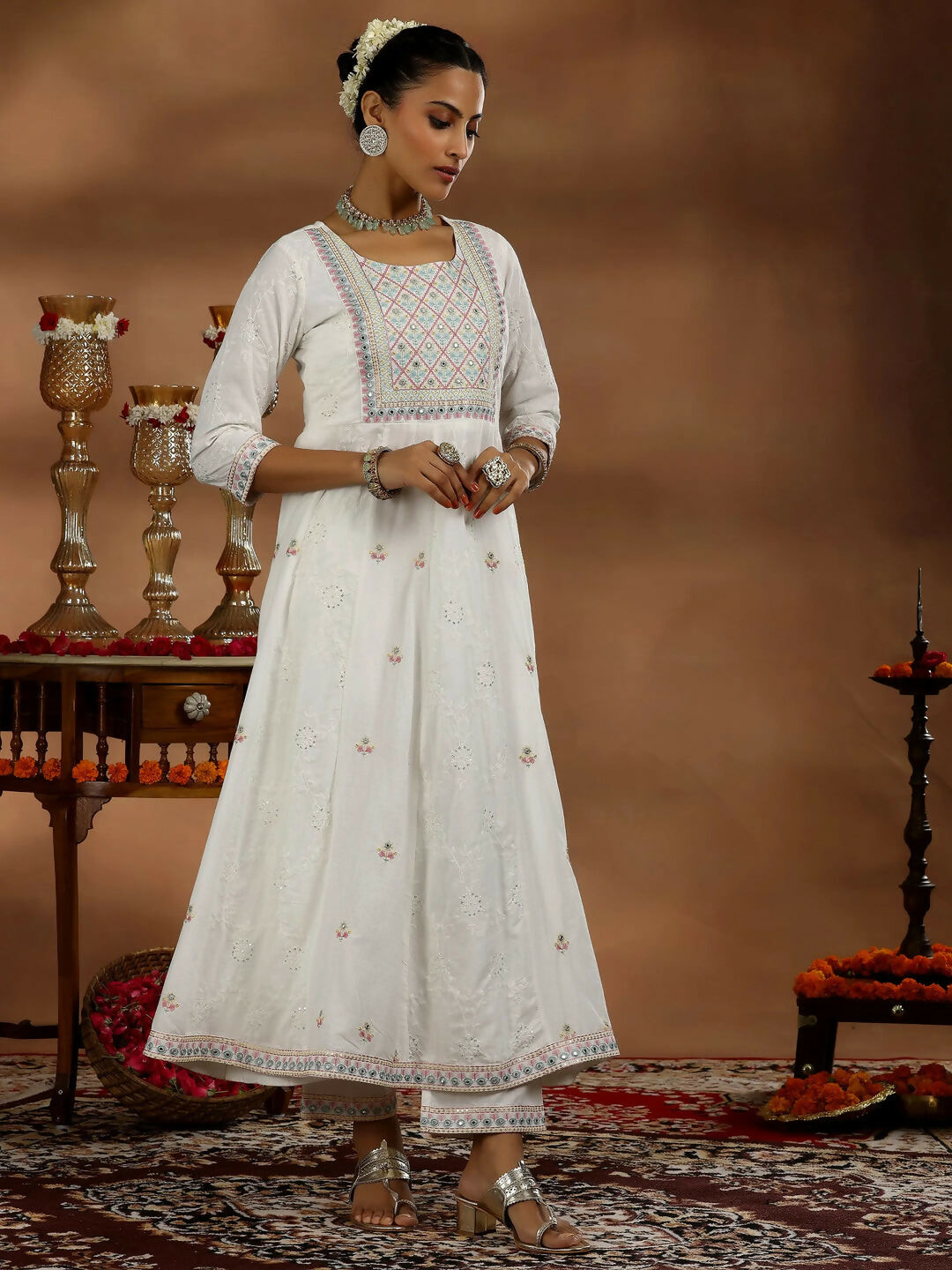 Women's LB White Embroidered Cotton A-Line Kurta With Trousers & Dupatta