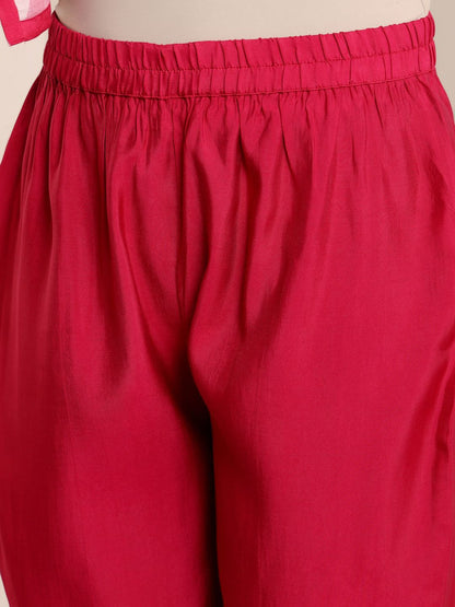 Fuchsia Abstract Printed Notch Neck Chanderi Silk Straight Kurta With Trousers