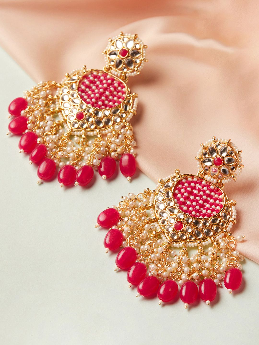 Dhiyona RJ Women's 18K Gold Plated Handcrafted Kundan & Beaded Chandelier with Red and Pearl Accents