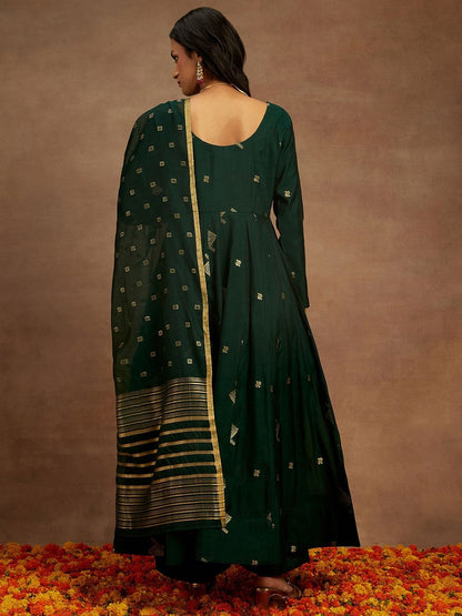Dhiyona LL Womens Green Woven Design Anarkali Kurta With Palazzos & Dupatta