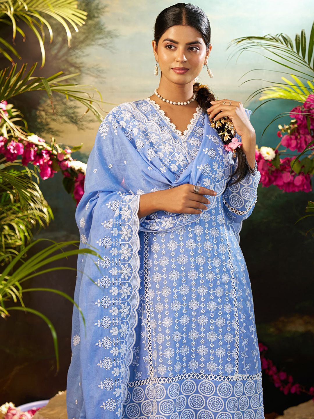 Dhiyona IE Women Ethnic Motifs Embroidered Cotton Kurta with Trousers & Dupatta