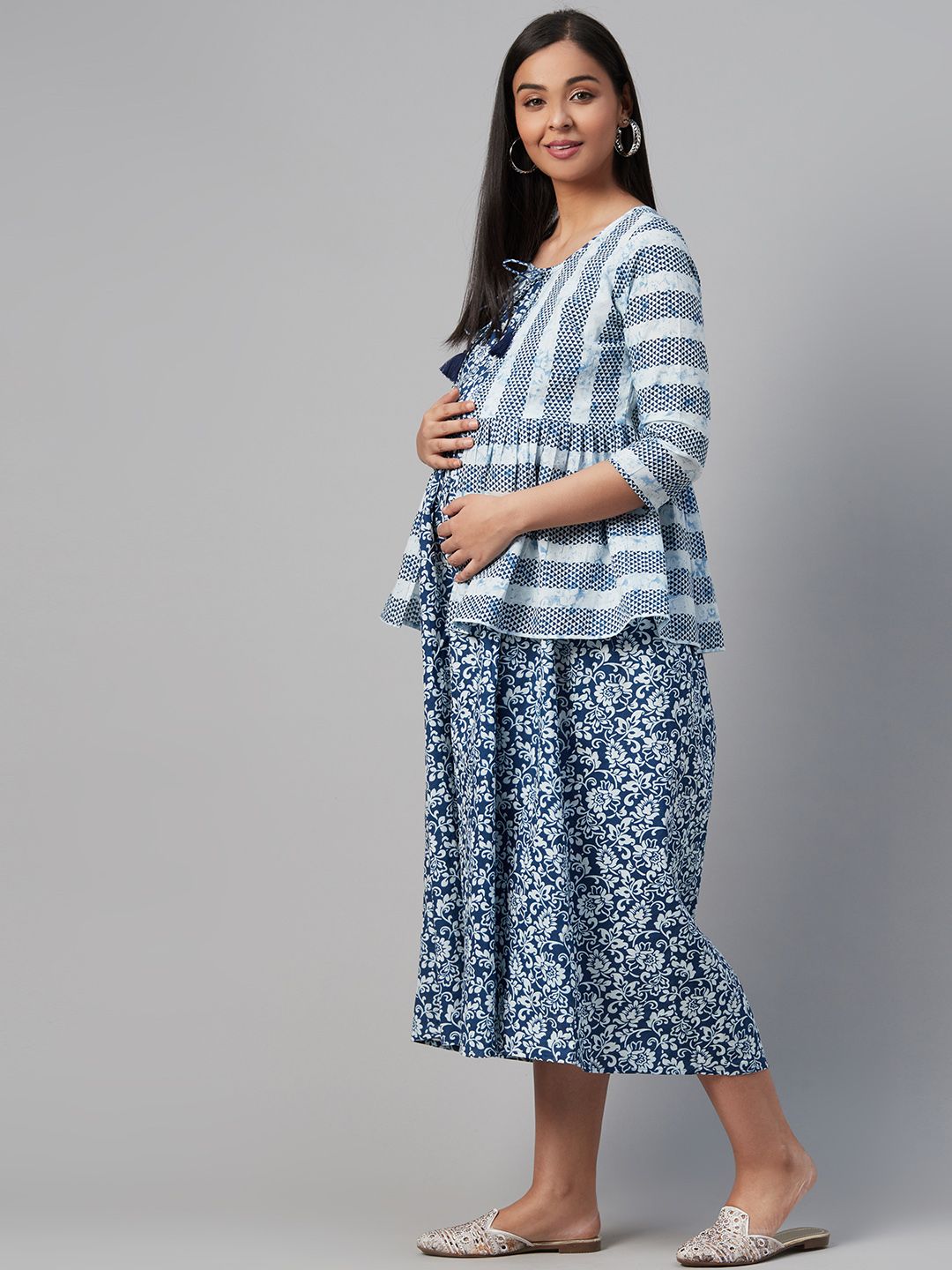 Dhiyona AY Women's Blue & White Ethnic Motifs Printed Cotton Maternity A-Line Dress with Ethnic Jacket