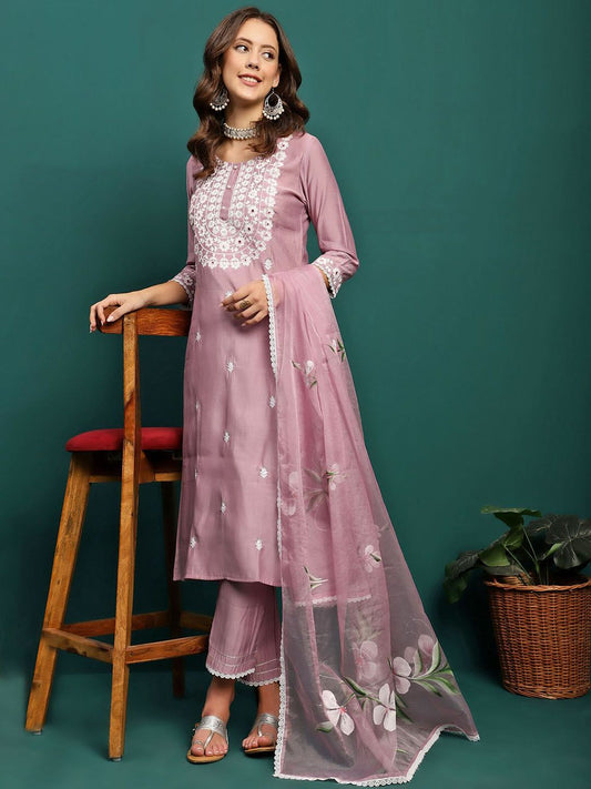 Dhiyona SN Women's Embroidered Round-Neck Kurta With Trouser & Dupatta