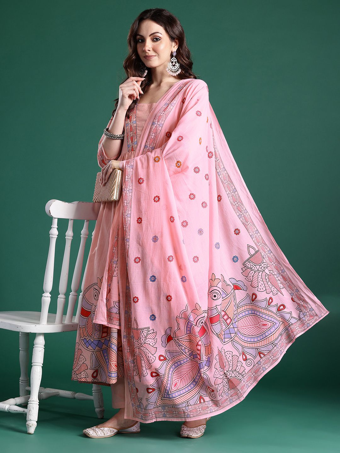 Dhiyona IE Floral Printed Pleated Sequinned Pure Cotton Kurta with Trousers & With Dupatta