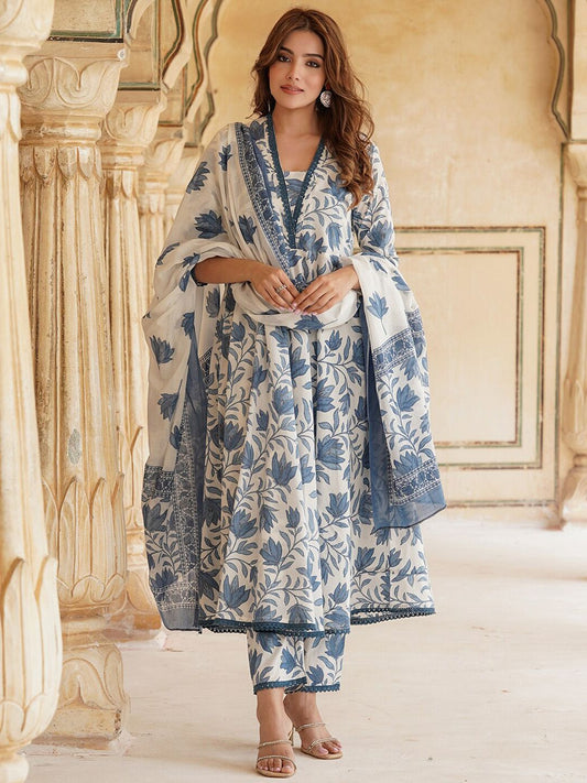 Dhiyona KL Floral Printed Anarkali Pure Cotton Kurta with Trousers & Dupatta