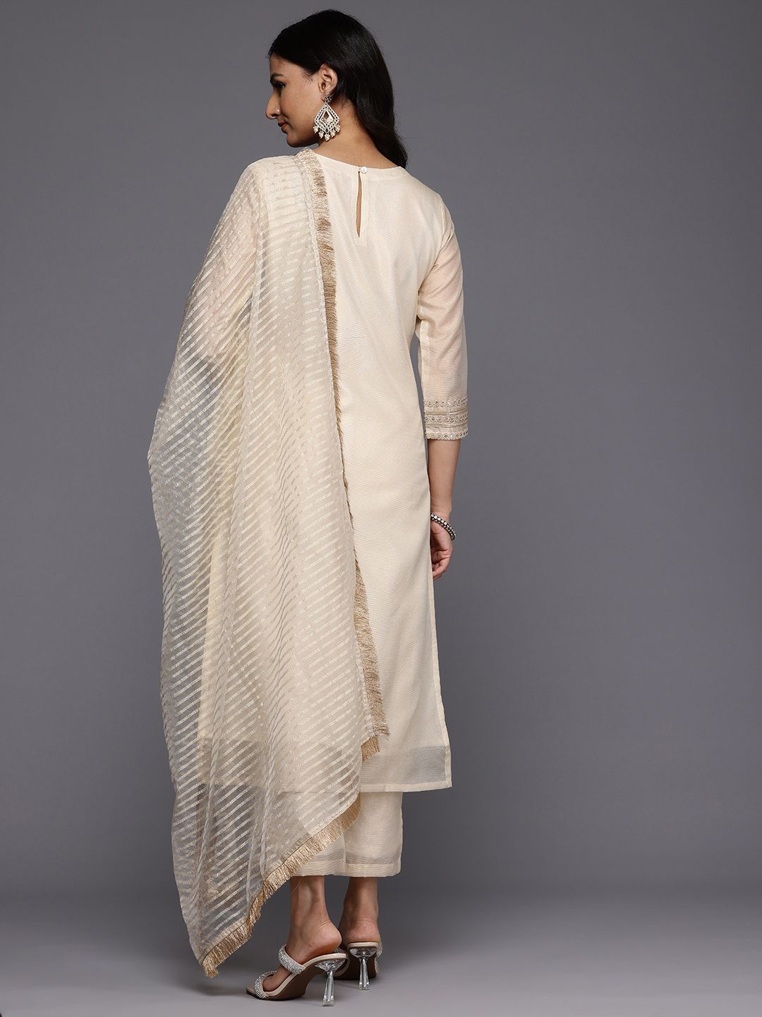 Off White Ethnic Motifs Yoke Design Sequinned Kurta With Trousers & Dupatta