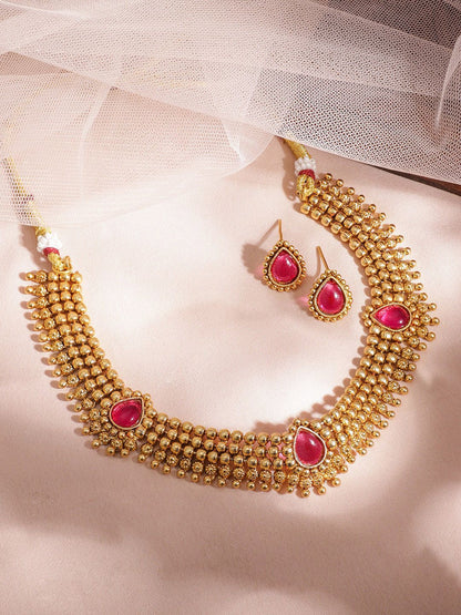 Dhiyona RJ Women's 22KT Gold Plated Ruby Stone Studded Gold Tone Traditional Temple Jewellery Set