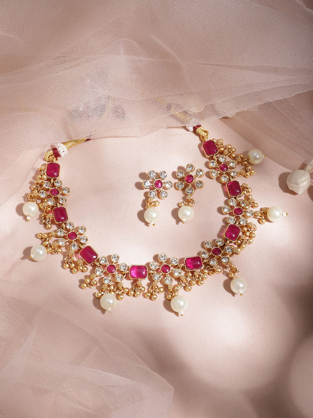 Dhiyona RJ Women's Women 22KT Gold Plated Brass Metal Ruby Studded White Beaded Floral Necklace Set