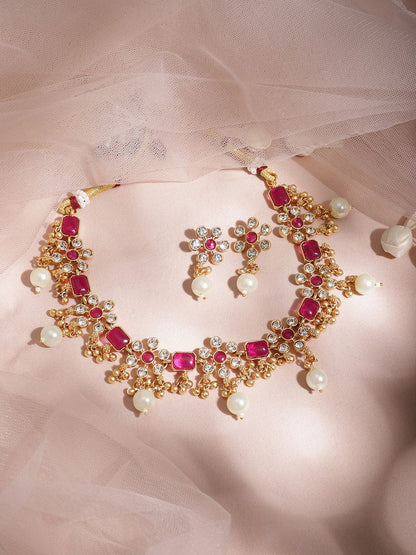 Dhiyona RJ Women's Women 22KT Gold Plated Brass Metal Ruby Studded White Beaded Floral Necklace Set