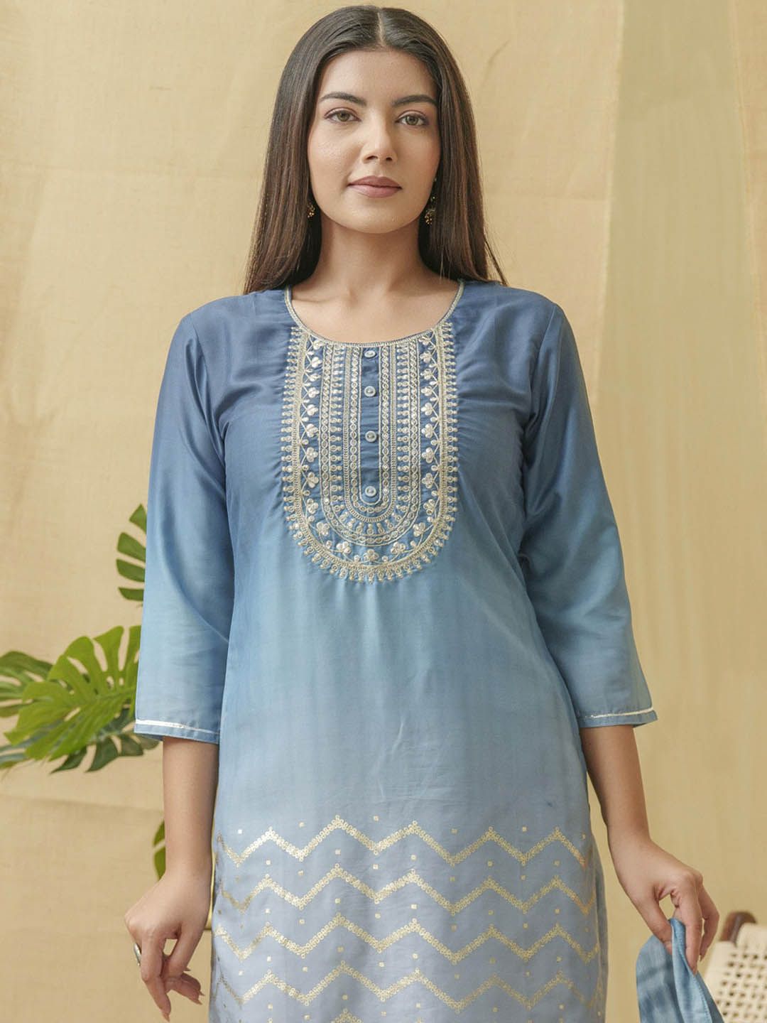 Dhiyona IS Women's Embroidered Round Neck Three-Quarter Sleeves Thread Work Linen Kurta Set