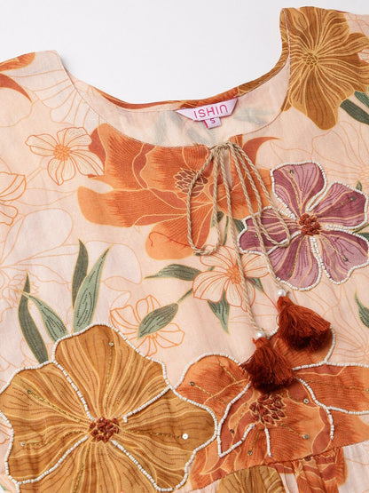 Dhiyona IS Women's Peach Floral Printed Pure Cotton Empire Kurta With Trousers