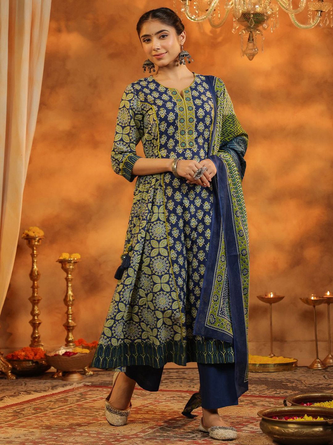 Dhiyona RR Women's Ethnic Motifs Printed Pure Cotton Anarkali Kurta with Trousers & Dupatta