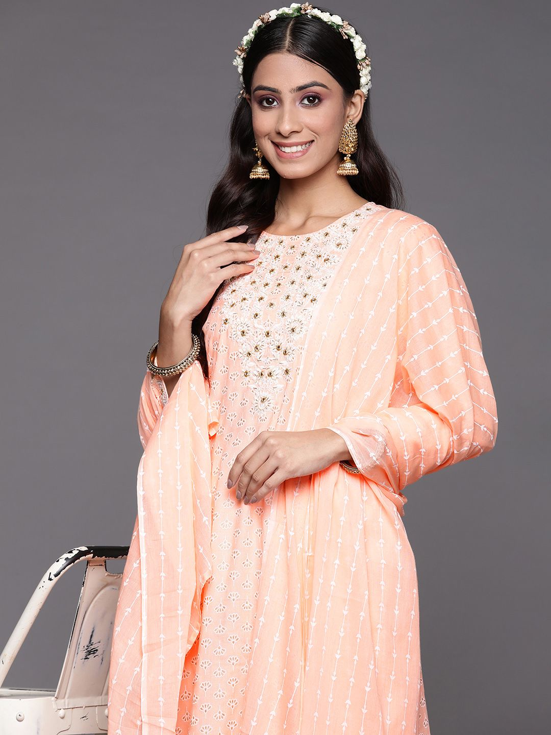 Dhiyona IE Women Peach-Coloured Floral Printed Liva Kurta with Trousers & With Dupatta