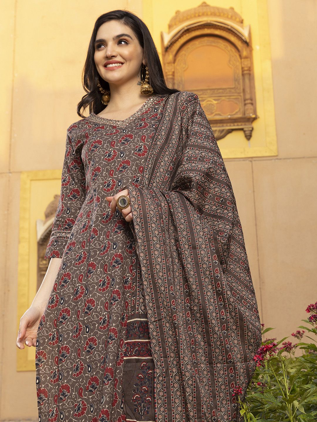 Dhiyona IS Women's Kalamkari Printed Zari embroidered Cotton Kurta with Trouser & Cotton Dupatta